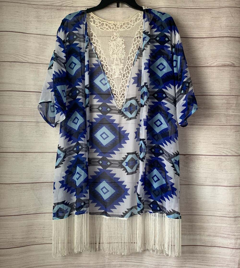 Rock & Roll Cowgirl Blue and White Cardigan Aztec Duster Kimono Fringe Size S